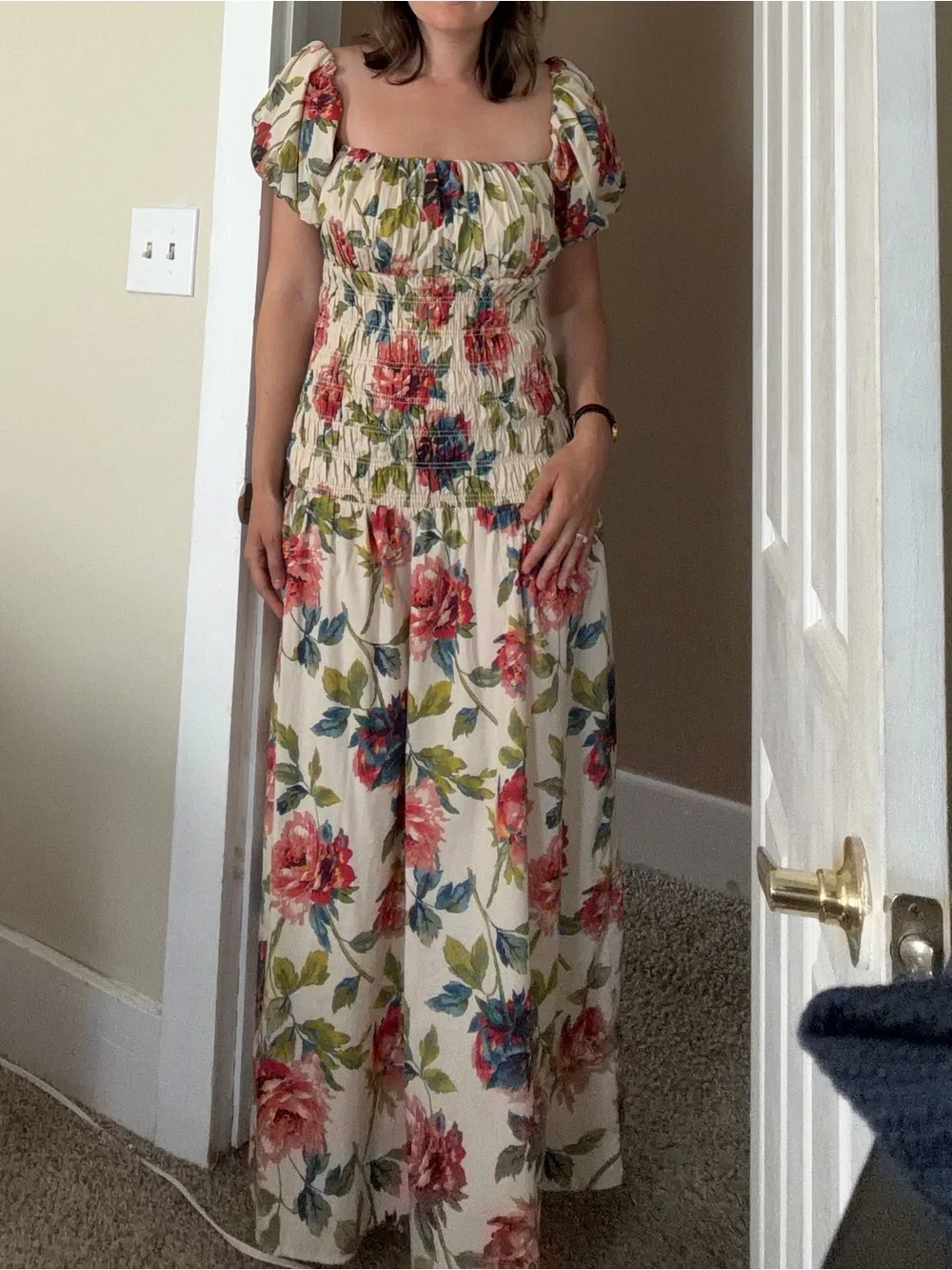 Abercrombie Floral Puff-Sleeve Midi Dress in Cream and Pink
